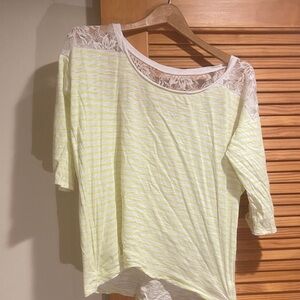 Express Lace and Stripe 1/2 Long Sleeve Neon Highlighter Yellow and White. Large